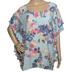 Zac & Rachel Women’s 2X Top Aqua Floral Blouse Shirt Flutter Sleeve Plus